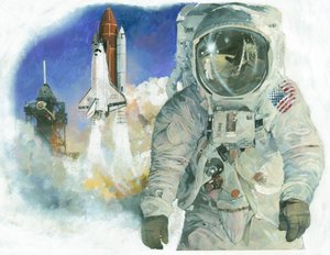 El astronauta estadounidense Buzz Aldrin con su traje espacial y el transbordador espacial Discovery despegando del Centro Espacial Kennedy. de Ivan Lapper
