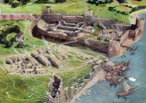 Vista reconstruida de la Torre de Londres desde el suroeste, tal y como podría haber sido en los años 1070 ó 1080, cuando la Torre Blanca se encontraba en las primeras fases de construcción. de Ivan Lapper