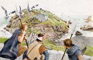 El castillo de Tintagel en 1230 d.C. (acuarela sobre papel) de Ivan Lapper