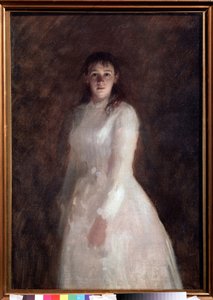 Retrato de una joven (Retrato de una joven). (vestida con un vestido largo blanco). Pintura de Ivan Nikolayevich Kramskoi (1837-1887), óleo sobre lienzo. arte ruso de Ivan Nikolaevich Kramskoy
