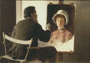 Kramskoy pintando un retrato de su hija, 1884