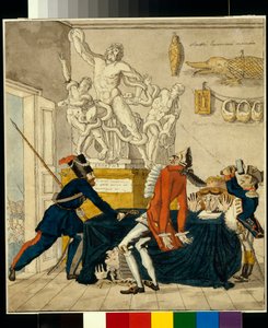 Napoleón Bonaparte (1769-1821) vende bienes robados, entre ellos el grupo Laocoonte - Caricatura de Ivan Ivanovich Terebenev (1780-1815), tinta y acuarela sobre papel
