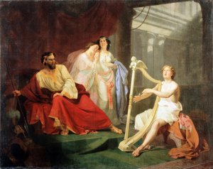 David y el rey Saúl (David y el rey Saúl). Episodio del Antiguo Testamento, David toca el arpa para el rey hebreo, Saúl toma a David a su servicio pero desarrolla una animosidad hacia él que lo impulsa a matarlo, por lo que toma una lanza con una mirada so de Ivan Petrovich Keler Viliandi