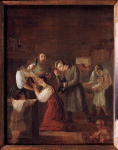 Bendición de la joven pareja antes del matrimonio (La joven se arrodilla y besa un icono, el joven se inclina respetuosamente detrás de ella) - Pintura de Ivan Petrovich Orlov (1815-1861), óleo sobre lienzo