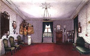 Una sala de estar rusa con un rincón de iconos de Ivan Petrovich Volski