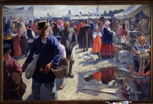 La Feria (Una Feria). Escena de mercado en una ciudad provincial rusa, en un ambiente tradicional, con campesinos y vendedores. Pintura de Ivan Semyonovich Kulikov (Koulikov) (1875-1941), óleo sobre lienzo