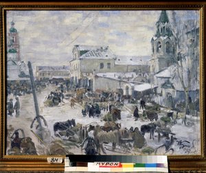Una iglesia en Murom (Rusia). (Una iglesia en Murom). Descripción de una calle de la ciudad, bajo la nieve, con animación diaria, carruajes tirados por caballos. Pintura de Ivan Semyonovich Kulikov (Koulikov) (1875-1941), óleo sobre lienzo