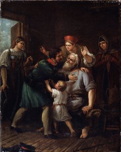 El guerrero del regreso a casa. Un soldado vuelve a casa y se lanza a los brazos de su antiguo padre. Toda la familia expresa su alegría y alivio al verle de nuevo con vida. Pintura de Ivan Vasilyevich Luchaninov (1781-1824), óleo sobre lienzo de Ivan Vasilyevich Luchaninov