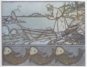 Ilustración de El cuento del pescador y el pez de Ivan Yakovlevich Bilibin