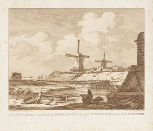 Vista exterior del Haarlemmerpoort en Ámsterdam con un dibujante sentado Vista exterior de Haarlemmer-Poort, en Hoogen Dijk, hacia Zandhoek (título sobre el objeto)