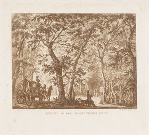 Carruaje y caminantes en el Haarlemmerhout Ver en Haarlemmer Hout (título en objeto) de Izaak Jansz. de Wit
