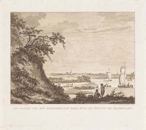 Amplio paisaje con dos figuras y veleros Una vista de den Rheenenschen Berg sobre el Betuwe de Gelderland (título sobre el objeto)