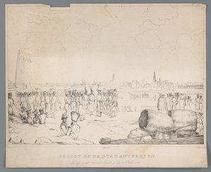 Vista de la ciudad de Amberes el día después del Bombardeo, el 28 de octubre de 1830 (título sobre objeto) de Izaak Schouman