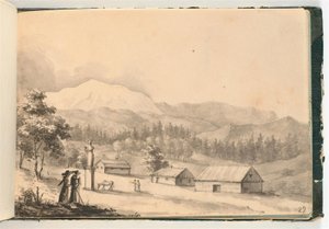Paisaje montañoso con personas y casas