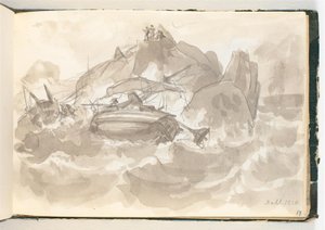 Naufragio en una costa rocosa. Algunos hombres están en una roca observando de Johan Christian Dahl