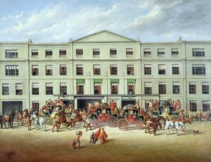 Cambiando caballos fuera del Plough Inn, Cheltenham, 1870
