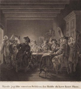 El político de la tetera. "Si no hubiera sido un político, te habría avergonzado." Grabado después de la galería de Holberg de Lorentzen. de J.F. Clemens