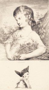 Una niña pequeña con una cesta de flores y retrato de un hombre de J.F. Clemens