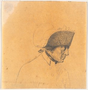 Trabajo preliminar para una de las cabezas del grabado: Federico el Grande cabalgando de regreso después de una revista en Potsdam