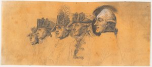 Trabajo preliminar para cinco de las cabezas del grabado: Federico el Grande cabalgando de regreso después de una revista en Potsdam