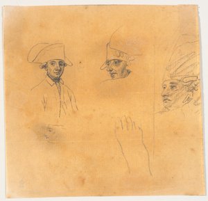 Trabajo preliminar para el grabado: Federico el Grande cabalgando de regreso después de una revista en Potsdam de J.F. Clemens