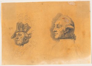 Trabajo preliminar para dos de las cabezas del grabado: Federico el Grande cabalgando de regreso después de una revista en Potsdam de J.F. Clemens