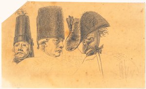 Preparación para tres de las cabezas del grabado: Federico el Grande cabalgando de regreso después de una revista en Potsdam de J.F. Clemens