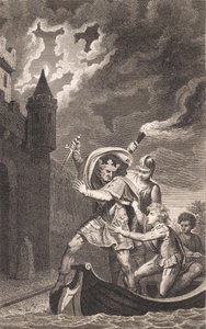 Ilustración. Un rey con un puñal levantado y tres personas en un bote de J.F. Clemens