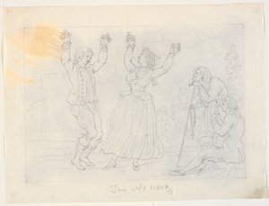 Hombre y mujer bailando fandango. Un joven tocando la guitarra y una anciana observando de J.F. Clemens
