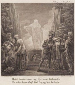 Melampe. Si persistís más, y endurecéis vuestros corazones, este espíritu os aterrará día y noche. Grabado después de la galería de Holberg de Llorentzen. de J.F. Clemens