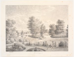 El jardín de Sanderumgaard con isla arbolada. En primer plano, hombre con rastrillo de J.F. Clemens