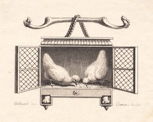 Vignet fremstillende to høns, der pikker korn op de J.F. Clemens