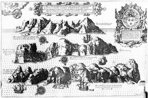 La isla de Santa Elena, ilustración del Itinerario de Linschoten, 1596