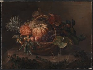Una cesta con frutas sobre un tronco de J.L. Jensen