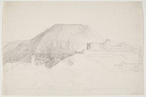 Estudio de paisaje con montaña y edificios. Spoleto, Italia de J.L. Lund