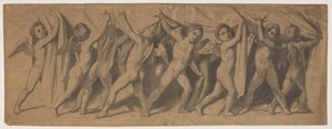 Boceto para el telón del Teatro Real; putti corriendo la cortina de J.L. Lund