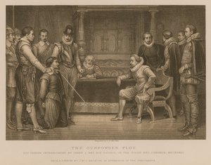 La Conspiración de la Pólvora; Guy Fawkes interrogado por el Rey James I y su consejo en la cámara del Rey, Whitehall