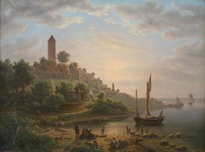 La costa en Vordingborg con la Torre del Ganso en una mañana temprana