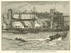 Almacén de grano, muelle, Newcastle-on-Tyne (grabado) de J.R. Brown