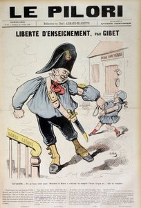 Libertad de enseñanza por Gibet: La Guardia - ¡Puedes gritar papá! El alcalde ha ordenado llenar la Escuela Laica y... se llenará (Caricatura sobre la Escuela Laica), portada de "Le Pilori" del 31 de octubre de J.  Blass