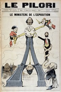 El Ministro de Exposición (caricatura sobre escándalos financieros a finales del siglo XIX y la Torre Eiffel). Ilustración de J. Blass (Albert Douat) (1847-1892). Portada de "Le Pilori" del 3 de marzo de J.  Blass
