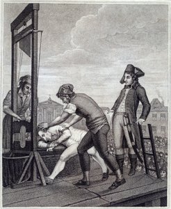 La ejecución de Maximilien de Robespierre (1758-1794) en la guillotina el 28/07/1794 en la Place de la Concorde. Grabado por James Idnarpila después de J. Beys. c.1799. París, Museo Carnavalet
