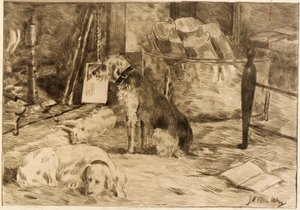 Perros en la chimenea nº 1 de J. Alden Weir