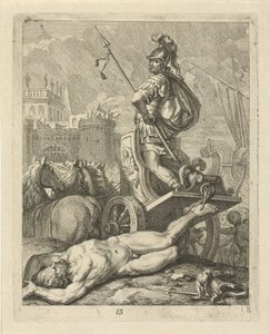 Aquiles con el cadáver de Héctor detrás de su carro. Escenas de la vida de Aquiles (título de la serie) Vitam et mortem achilli (título de la serie)