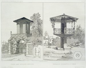 Portal con quiosco, Meudon, y terraza cubierta, St. Denis, de un volumen de diseños de varios arquitectos, pub. Morel & Cie, París, c.1880 de J. Boussard