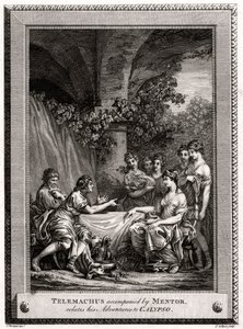Telémaco acompañado por Mentor, relata sus aventuras a Calipso, 1774 de J. Collyer