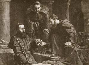 Escondiendo tesoro en la supresión de un monasterio, ilustración de La Iglesia de Inglaterra: Una Historia para el Pueblo por H.D.M. Spence-Jones, pub. c.1910 litografía sepia de J. Cooke