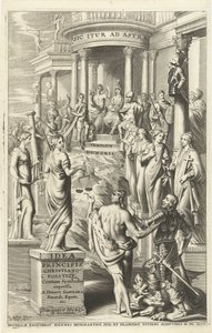 Hércules lleva al hombre más allá de las personificaciones de las virtudes al templo de la fama eterna Página de título para: Idea principis christiano-politica, Centum Symbolis expressa, Bruselas 1649 (título sobre objeto) de J. Danoot