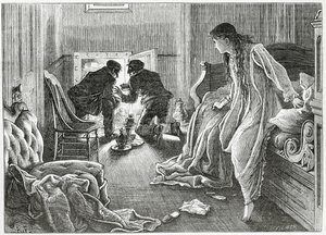 Levanté mi mano muy suavemente y saqué el puñal de debajo de mi almohada, ilustración para una historia de crimen 