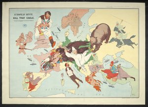Mapa de dibujos animados del área de guerra europea titulado 
